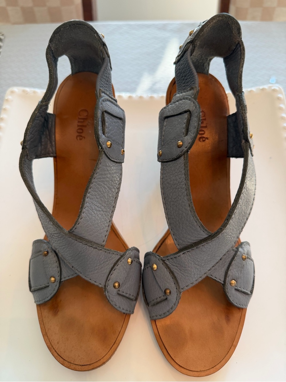 Chloé Gray Leather Studded Strappy Heels Sandals Size 39 Made in Italy
